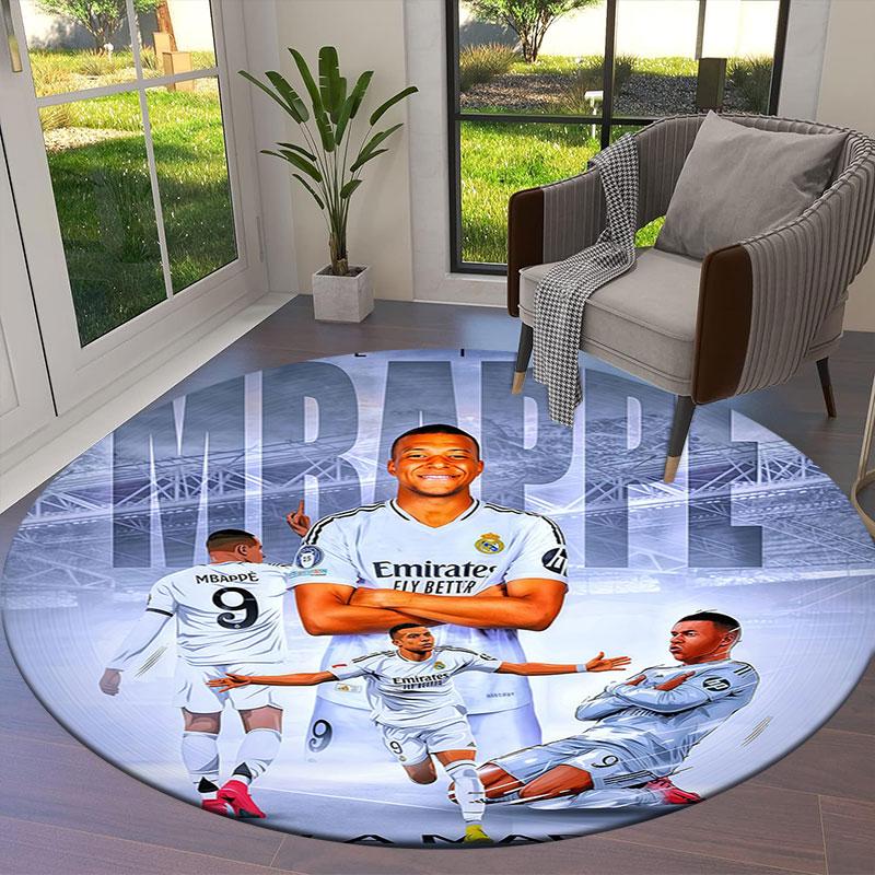 Kylian Mbappe Round Area Rug,Carpet Rug for Living Room Bedroom Sofa Playroom Decor,Non-slip Floor Mat