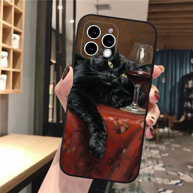 Phone Case Carcasa Funda For iPhone 17 Pro Max 17 Air 16 15 14 13 Pro Max 15 16 Pro 15Plus Art Black Cat Wave Van Gogh