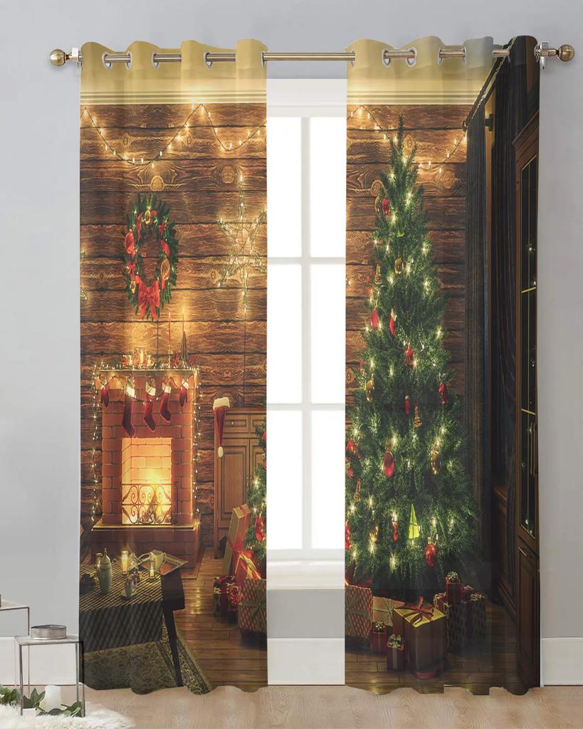 Christmas Room Christmas Tree Fireplace Tulle Sheer Window Curtains for Living Room Bedroom Modern Voile Organza Curtains Drapes