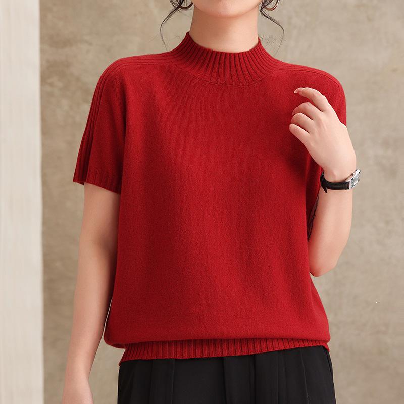 Women's Short-Sleeve Semi-High Neck Sweater: Early Spring Slimming Knit T-Shirt