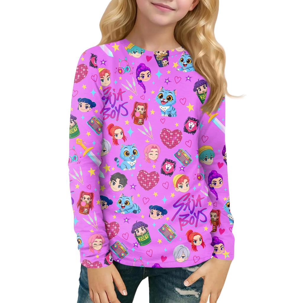 Children's Witch  Printed Long Sleeved Round Neck Top With Floral Print For Daily Casual T-shirt