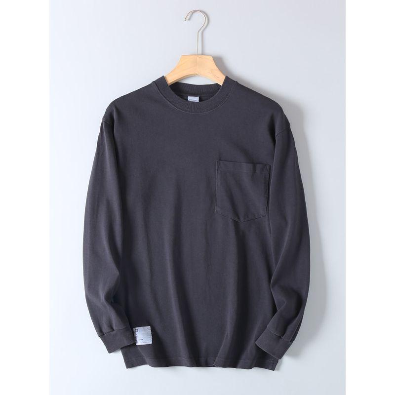 Heavyweight Cotton Washed Pocket Long-Sleeve T-Shirt for Men, Spring and Autumn, Loose Casual Solid Color Base Shirt, Crew Neck Pullover Sweatshirt