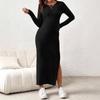 Fashion Maternity Ribbed Maxi Dress Long Sleeve Bodycon Side Slit Pregnancy Dress