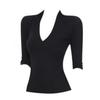 Spicy American Style Black V-Neck Mid-Sleeve Slim-Fit Women's T-Shirt for Early Spring