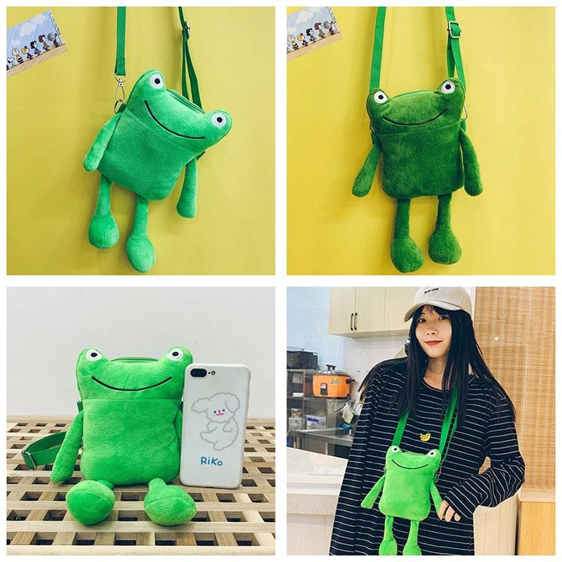 Cute Green Frog Plush Shoulder Bag For Women Cartoon Character Crossbody Purse With Zipper Closure