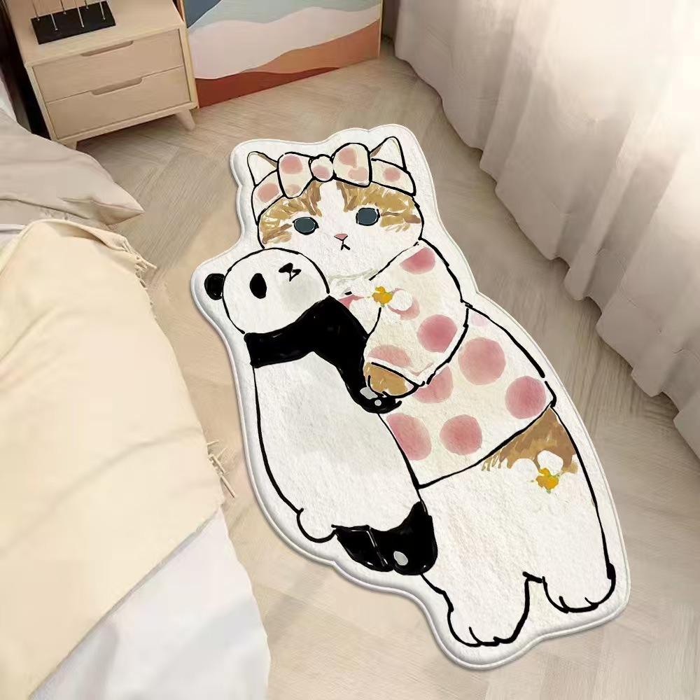 2pcs Cartoon Cute Cat Imitation Cashmere Bedroom Carpet Special-shaped Bedside Carpet Floor Mat