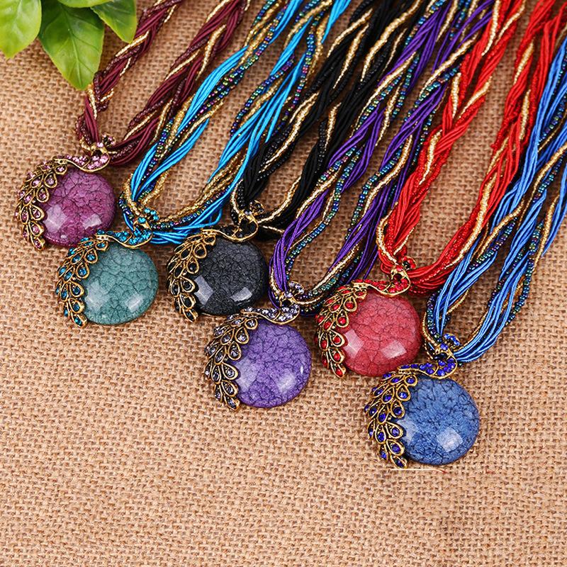 Handmade Rice Beads, Ethnic Retro Sweater Chain, Peacock Gemstone Pendant Necklace.