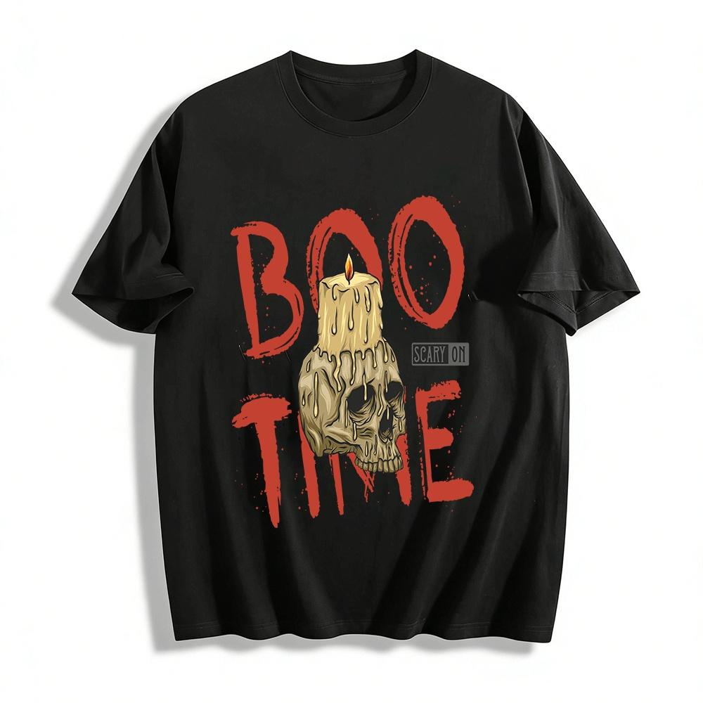 

Halloween Skull Candle Print Tee Boo Time Spooky Themed Top Pure cotton T-shirt XXS