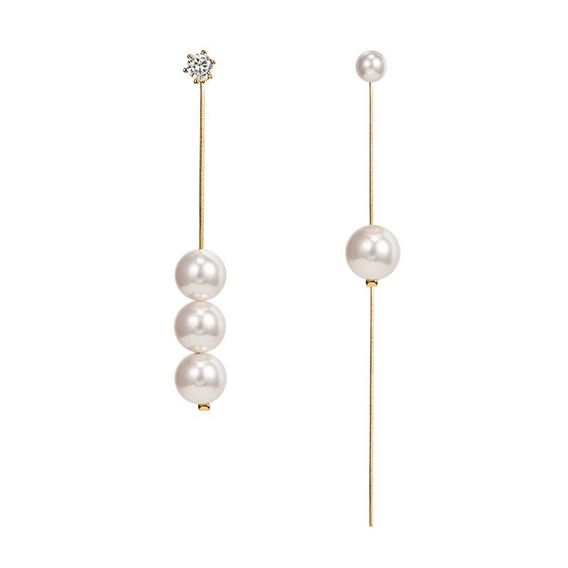 Fashion Bright Diamond Pearl Earrings Asymmetrical Long Earrings Show Face Thin Earline Women