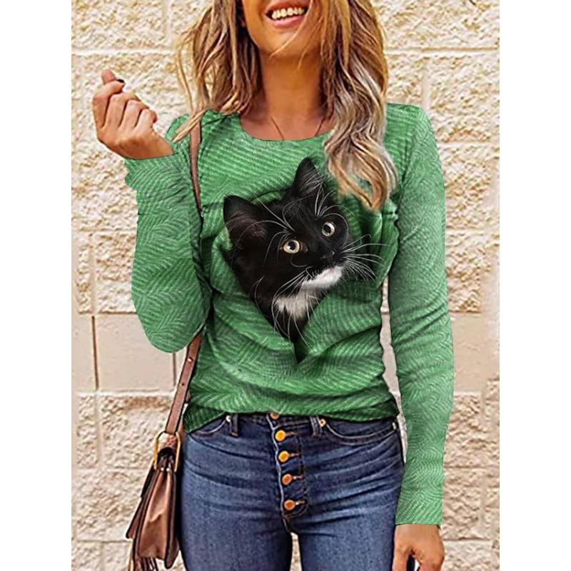 3D Cat Printed T-shirts Fashionable Casual Long Sleeved Women's T-shirts - Soft Medium Stretch Polyester Fabric Spring and Autumn Relaxed Fit Clothing
