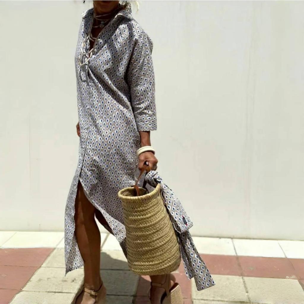 Long Sleeve Cotton Linen Shirt Dress Elegant Long Dress for Women Fashion Print Button Lapel Neck Casual Dresses Robe Femme