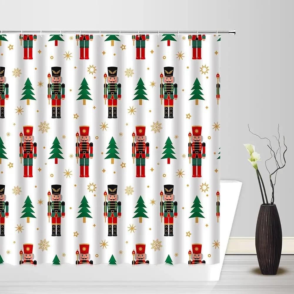 Christmas Nutcracker Shower Curtain, Christmas Tree Snowman Bathroom Curtain Decoration Set With Hook Fabric Christmas Gift