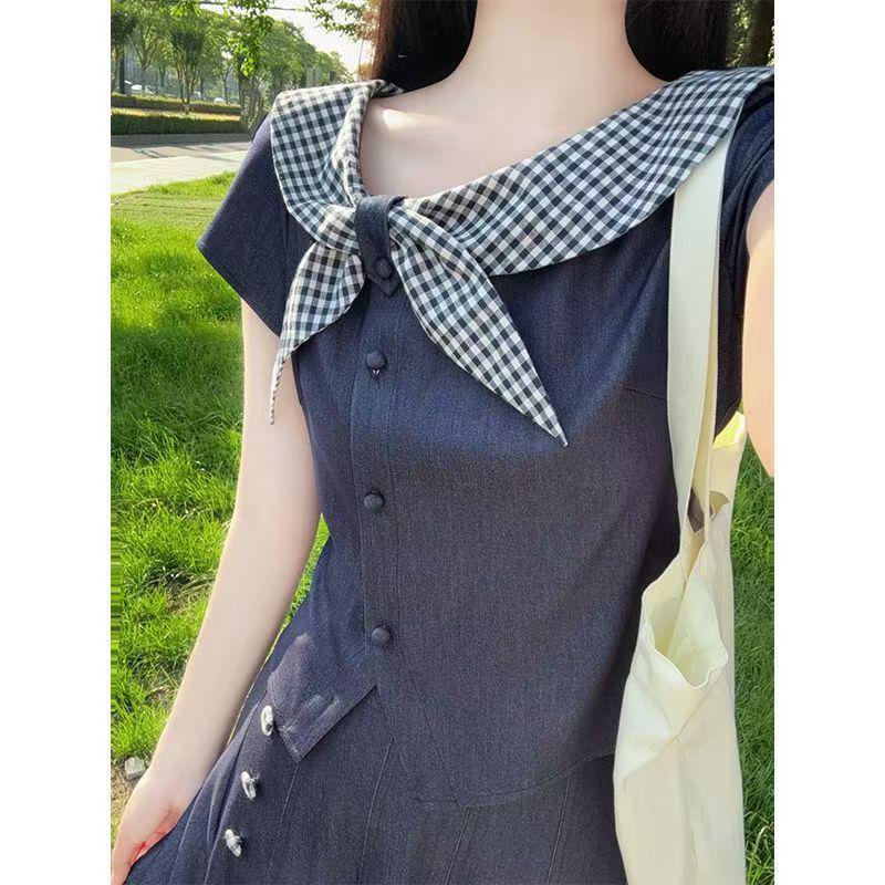 

Ретро Французский Воротник Питер Пэн Клетчатый Топ и Юбка Летний Комплект из Двух Предметов S