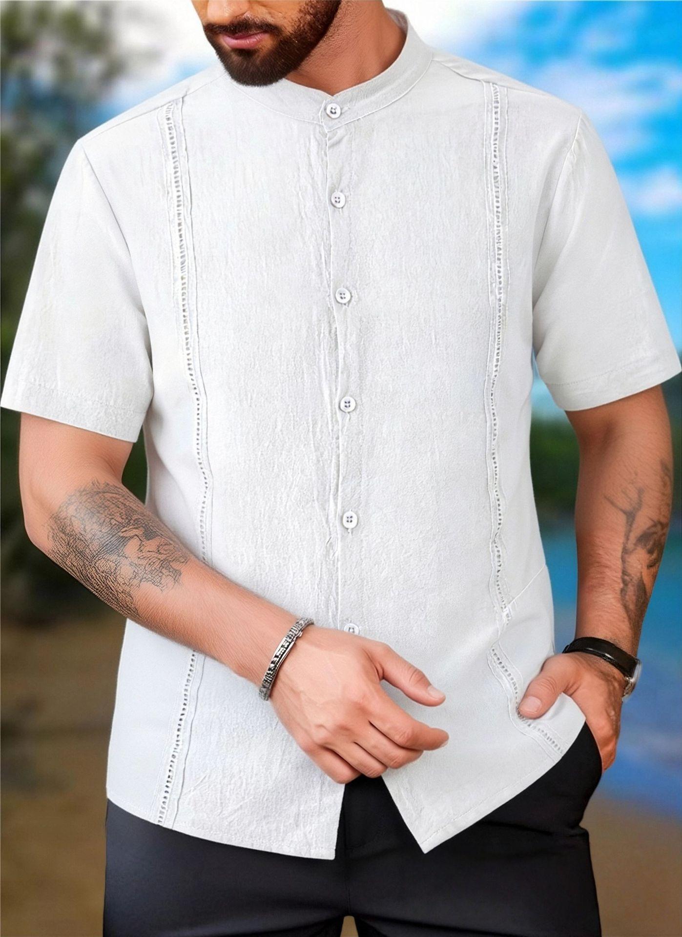 Mens Casual Stand Collar Short Sleeve Button Shirt M