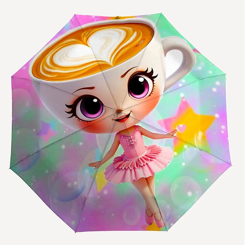 1 Stück Kaffeetasse Ballerina Regenschirm - 8 Rippen verstärkt, Automatisches Öffnen, Leicht & Langlebig, Niedliches Modeaccessoire für den Außenbereich, Strand oder Freizeit, Sei