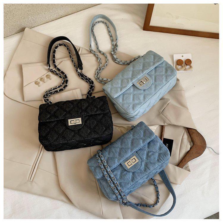 2024 Women's Small Textured Denim Crossbody Bag with Diamond Chain