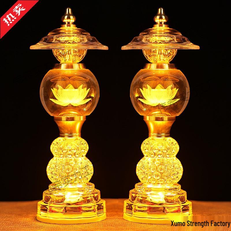 Buddha Altar Seven-Color Crystal Lotus Lamp, Plug-in Pair for Year of the Horse
