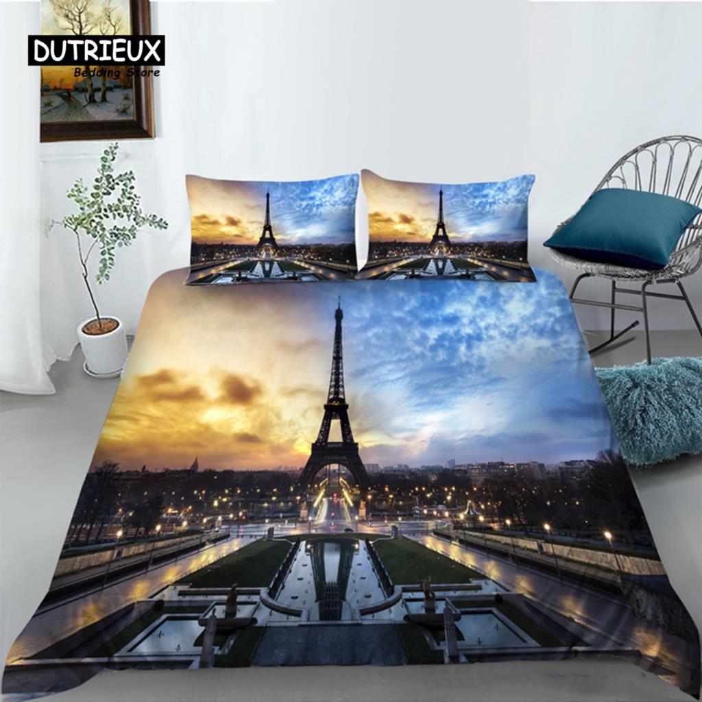 Eiffel Tower Duvet Cover Modern French Paris Cityscape Bedding Set 3D Europe Building Comforter Cover King For Kids Adults Decor