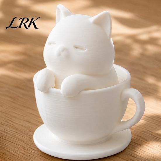Cute Cat Cup Ornament 3D Printed Teacup Figurine, Mini Animal Statue Healing Decor Ornament, Smooth Kitten Figurine White Desktop Sculpture