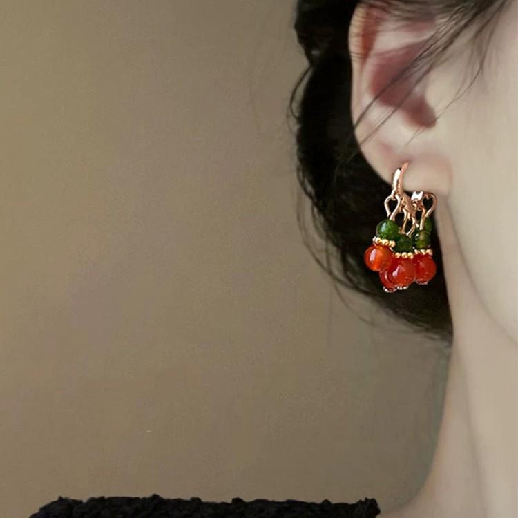 New Chinese court style beaded earrings, women's light luxury retro high-end ear buckles, square and round face, small earrings