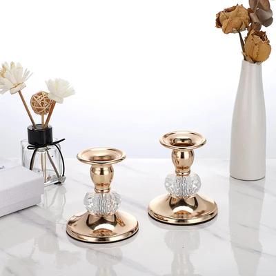 Golden Metal Crystal Candlesticks, Set of 2 Vintage Brass Tapered Candlesticks Wedding Reception Table Decorations