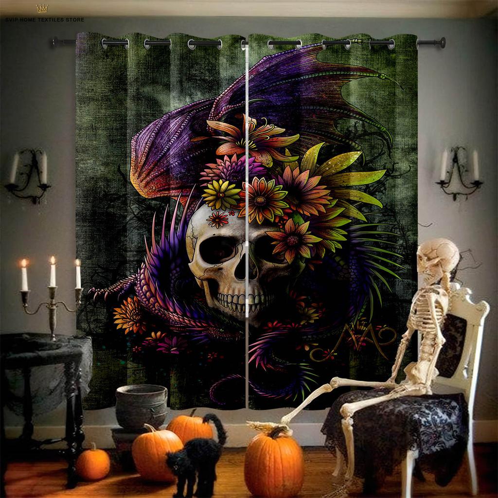 Blackout Curtains 3D Printed Floral Skull Print Curtains, Halloween, Gothic, Living Room, Dining Room, Holiday, Party Decoration