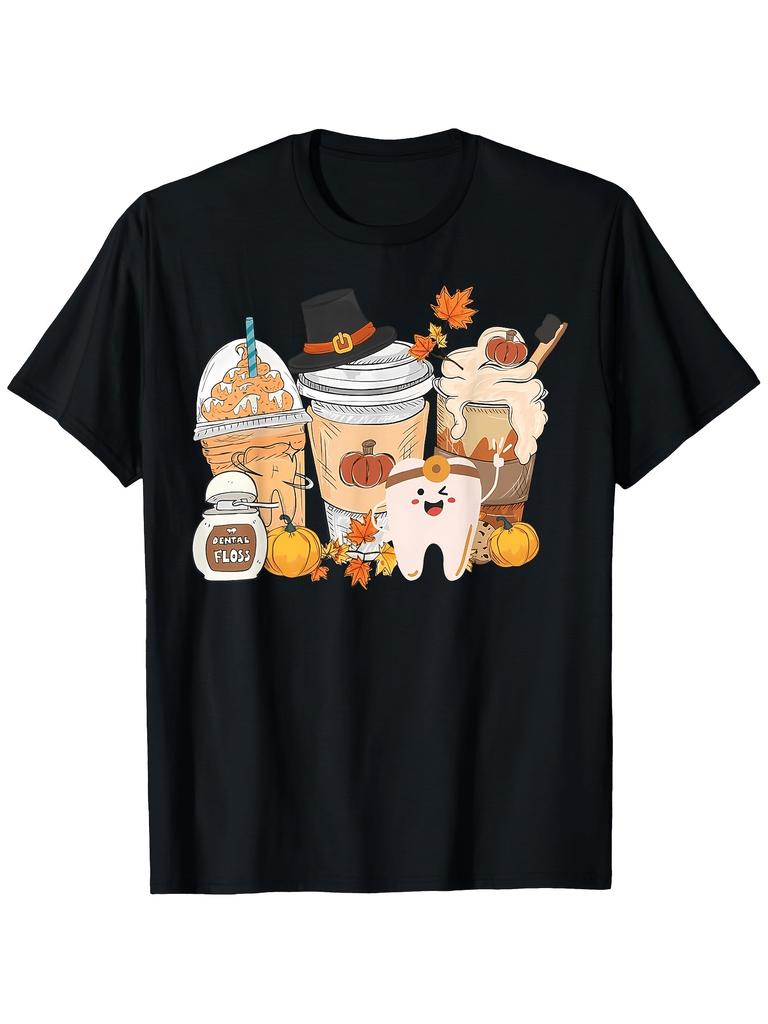 Unisex T-shirt Humorous Thanksgiving T-Shirt Featuring Dental Themes, Including Teeth, Coffee, And Pumpkin Lattes,