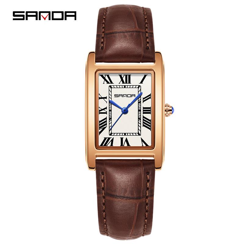 Sanda Retro Style Roman Numeral Square Quartz Wristwatch with Leather Strap for Men and Women