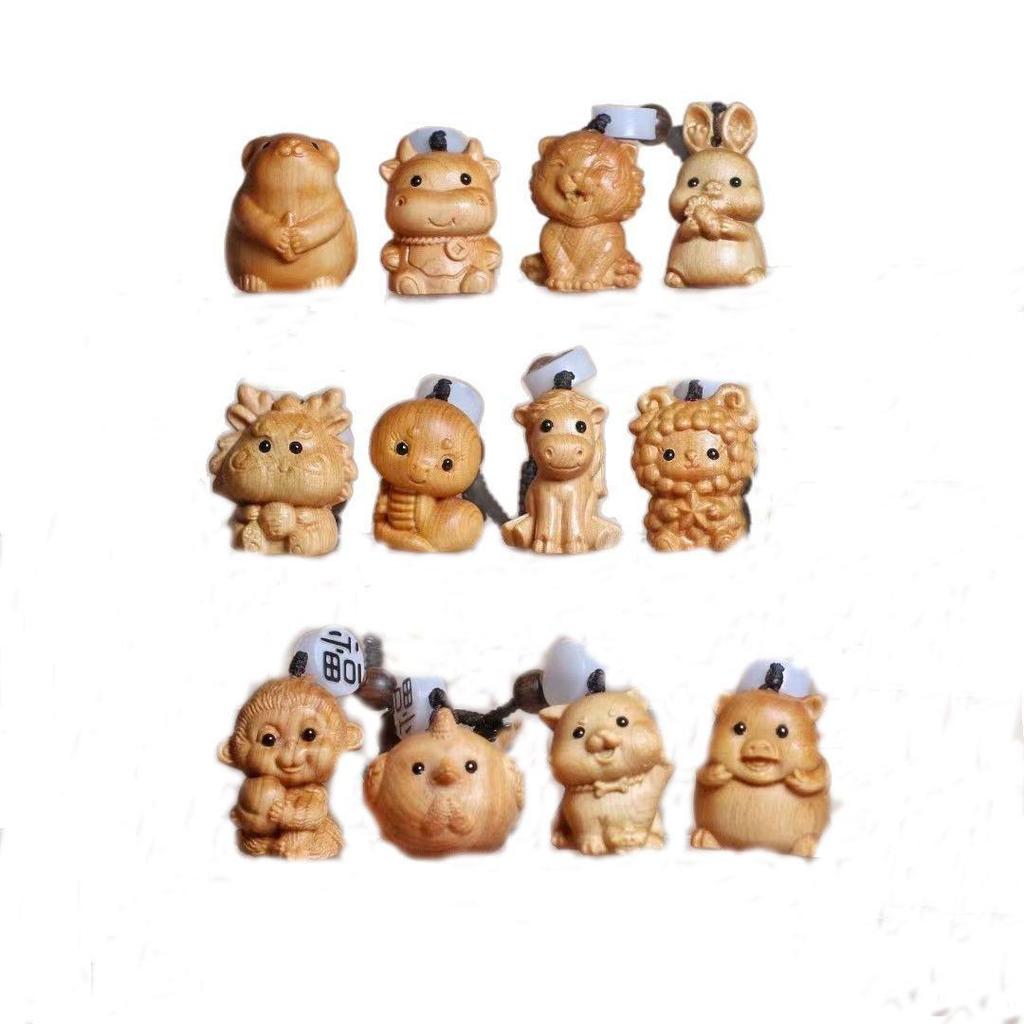 Golden Sandalwood Zodiac Animal Carving Keychain - Solid Wood Cultural Craft