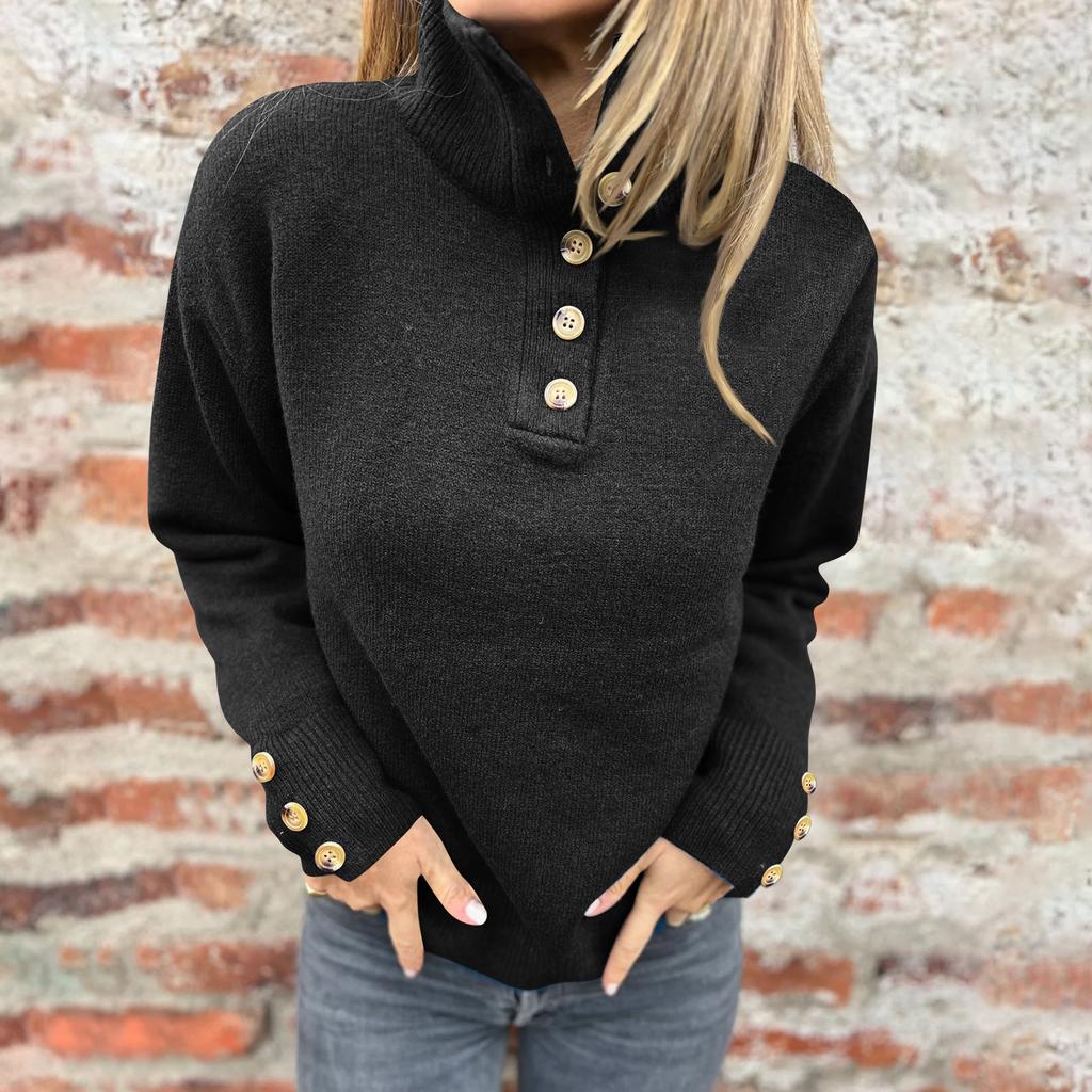 Ladies' Casual Stand Up Collar Knitted Sweater, Solid Color Button Casual Loose Sweater