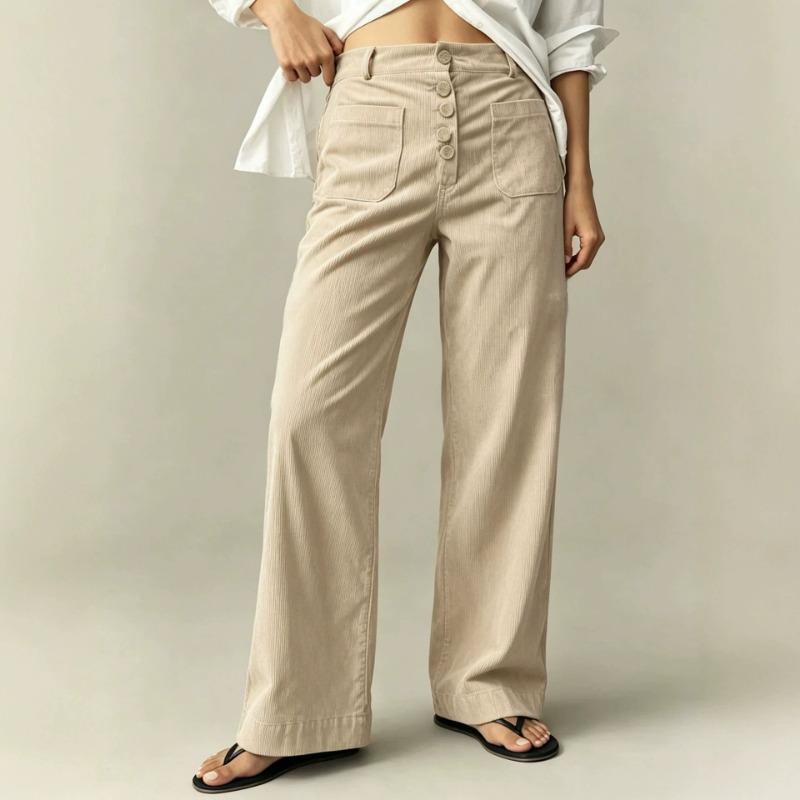 Dünne einfarbige Cord-Hose mit hohem Bund und weitem Bein für Damen, lässig