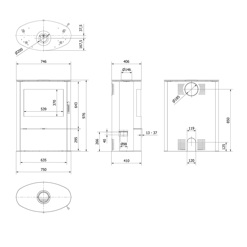 KRATKI AB/S/2/ROLLO Ø 150 10 kW Steel Stove, Dark Lining Set