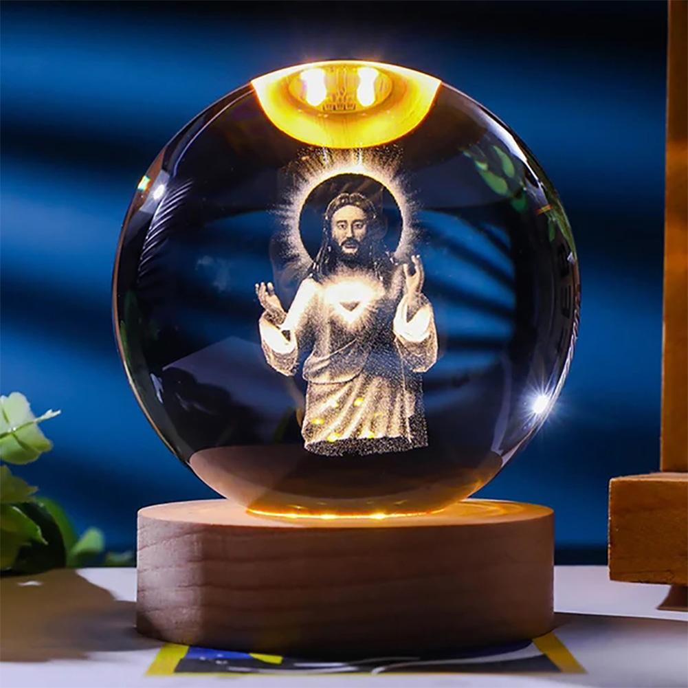 3D Creative Engrave Crystal Ball with Wooden Base USB Charging LED Crystal Ball Night Light Lighted Crystal Ball Art Decoration