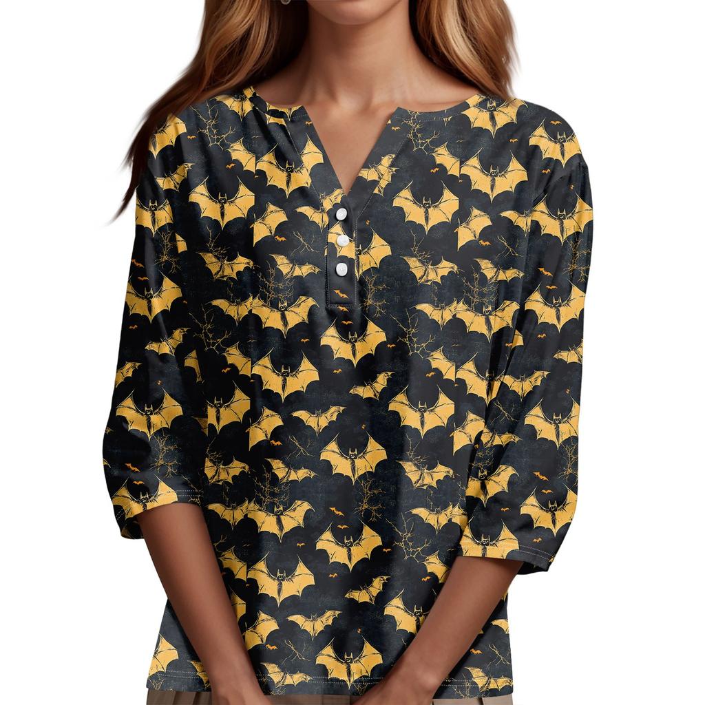 Women's Fashion Casual Halloween Printed V-Neck Short Sleeve Decorative Button Three-quarter Sleeve T-Shirt Top