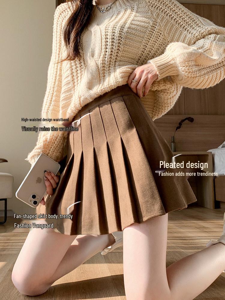 Maillard Kaffee Wolle Falten A-Linien Rock - 2026 Herbst/Winter High-Waist Khaki Kurzer Rock