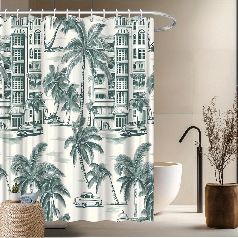 Retro City Theme Shower Curtain, Palm Tree & Rickshaw Design, Tropical Style, Fashion Home Bath & Bathtub Decor W90xH180cm