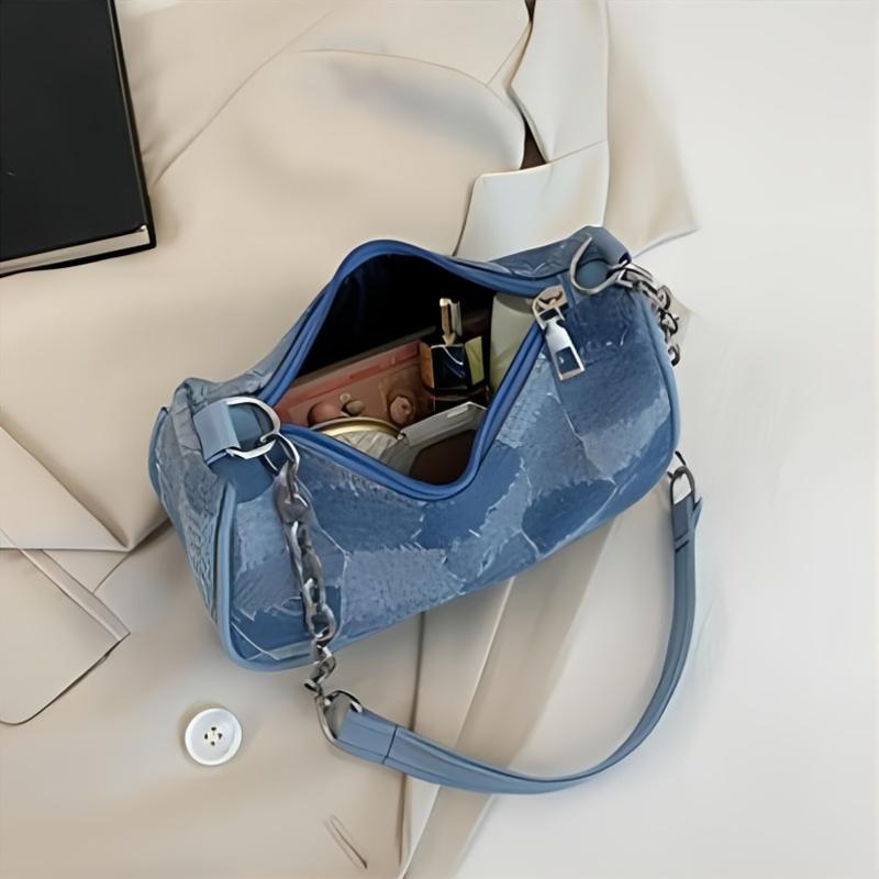 Retro Geometric Crossbody Bag with Detachable Chain Strap Vintage Shoulder Purse Zipper Closure & Polyester Lining for Casual Crossbody Purse