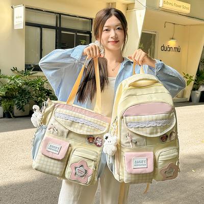 Schoolbag New High-value Fresh and Sweet Contrasting Color Plaid Make-up Bag Girl Simple and Lightweight Spring Outing Large-capacity Backpack