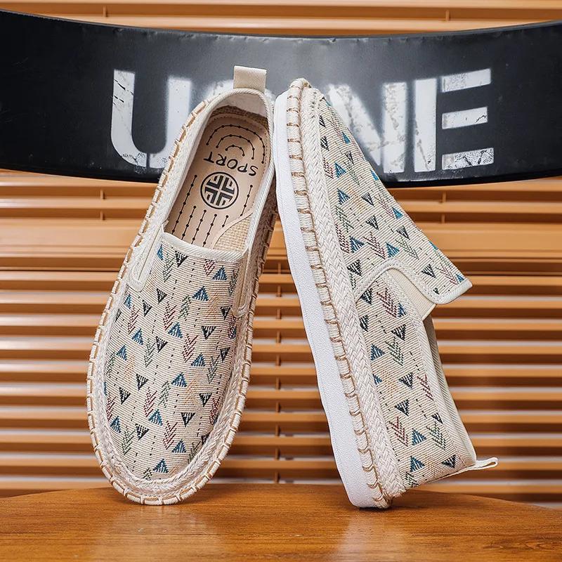 Весна Лето Мужские Повседневные Кеды из Холста Модный Принт Слипоны Лоферы Уличные Лаконичные Рыбацкие Туфли 39 бежевый