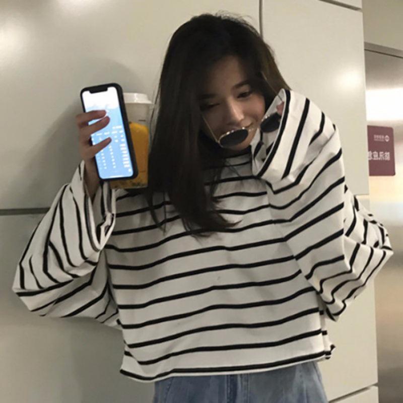 Black and White Color Block Striped Women's Casual Loose Long Sleeve T-shirt (2025 Korean Style)