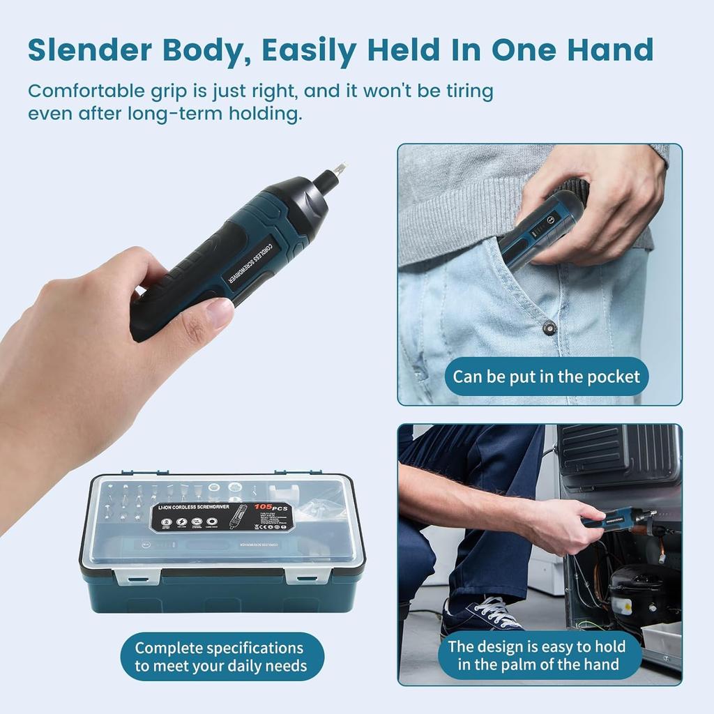 Electric Cordless Screwdriver 105-in-1, 3.6V, 4-Gear Torque, LED Light, 5N.m Max Torque