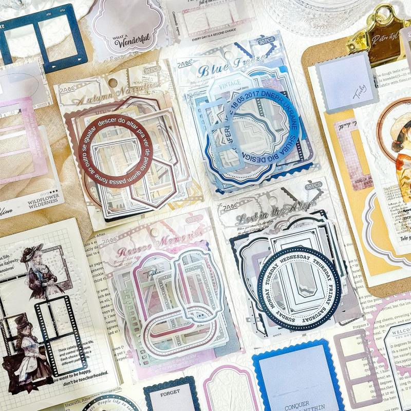 30-Piece Retro Hollow-out Border Stickers, Elegant Vintage Frame Designs with Intricate Cutouts, Self-Adhesive for Journal