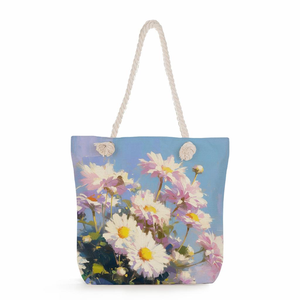 Multifunctional Oil painting flowers Printed Thick Rope Shoulder Beach Bag Casual large capacity handbag 0245