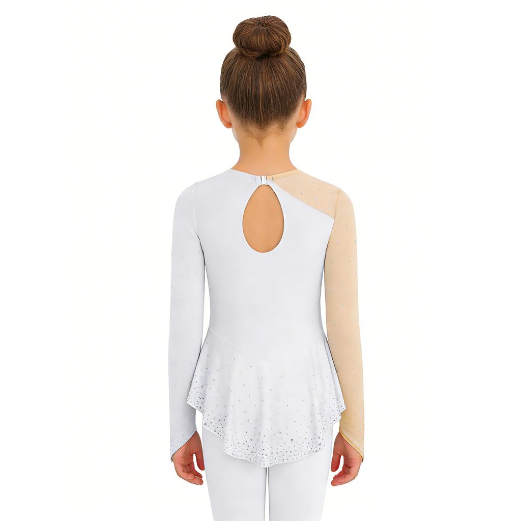 Girls Shiny Rhinestones Mesh Patchwork Dance Dress Asymmetrical Hem Long Sleeve Dancewear