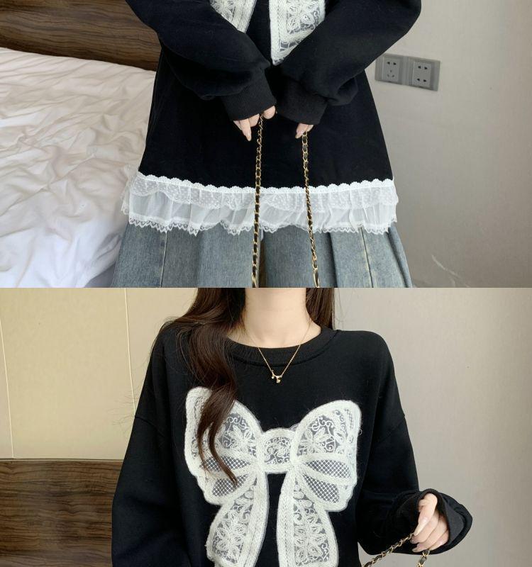 Plus Size Crocheted Lace Round Neck Slimming Long Sleeve Women's Autumn/Winter Bow Loose Mid-Length Top