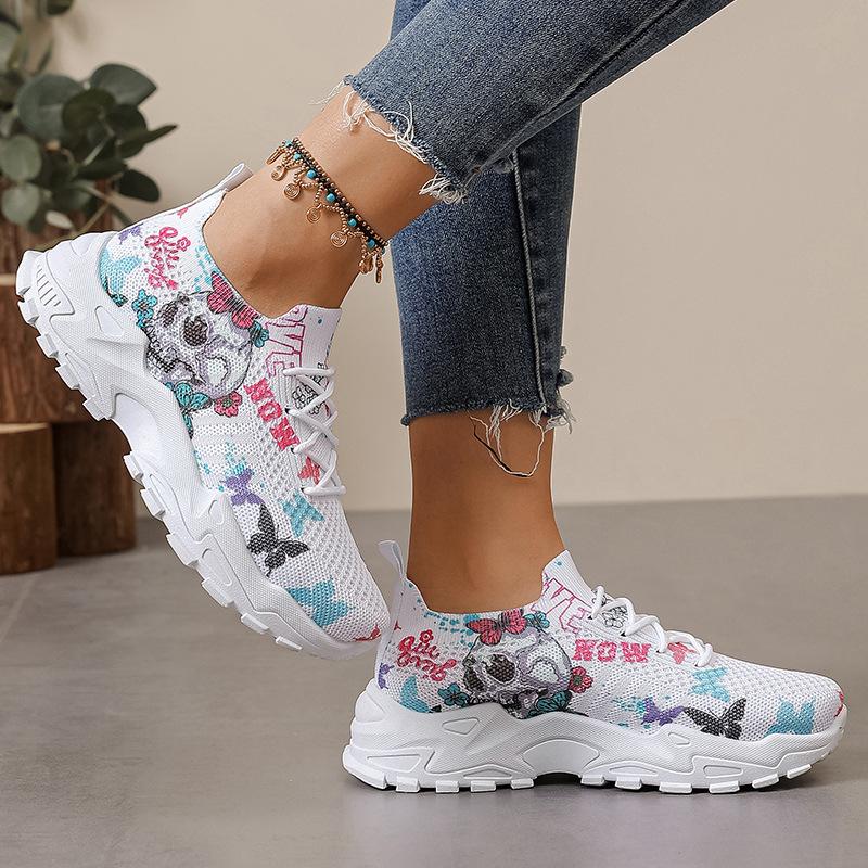 Flying woven women's shoes summer sports breathable casual mesh shoes soft-soled mesh shoes printed travel shoes trend