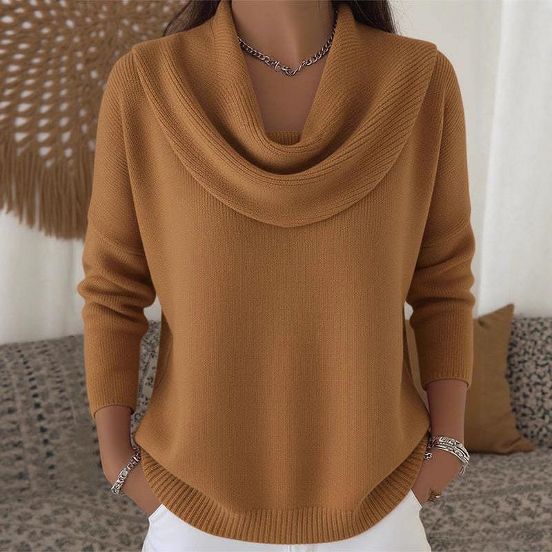Pull chaud d'hiver pour femme à col châle - Haut pull-over à manches longues de couleur unie avec col montant, blouse décontractée confortable pour l'automne/hiver