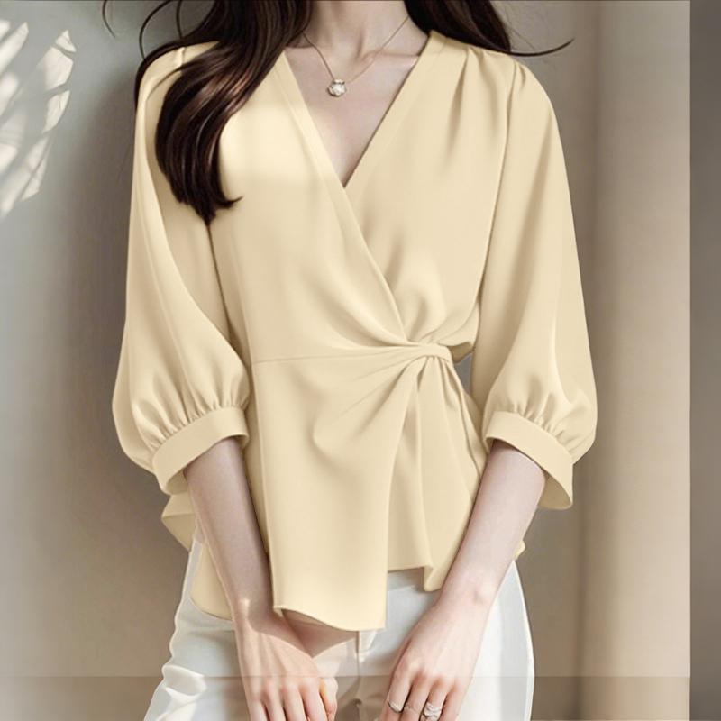 

ZANZEA Женская повседневная блузка с V-образным вырезом, рукавом 3/4 и шнуровкой, свободного кроя 4XL абрикосовый