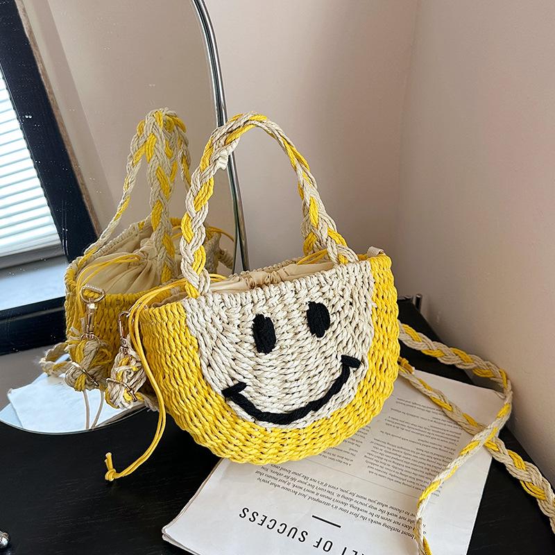 Korean Color Block Smiley Woven Bag - Versatile Casual Basket for Beach & Everyday Use