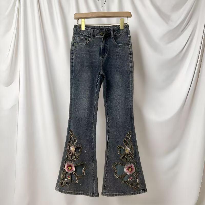 Womens High-Waisted Embroidered Butterfly Rhinestone Denim Pants Vintage Slim Fit Flared Jeans
